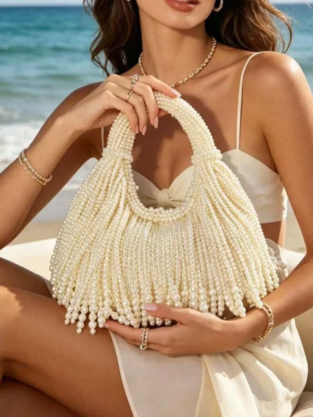 Beige Glamorous Women's  Faux Pearl Beads Bag
